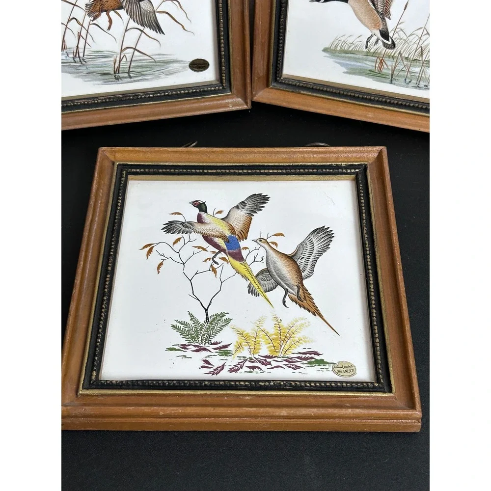 Vintage Enesco‎ Set of 3 Framed Ceramic Bird Art Tiles Ducks Pheasant Japan